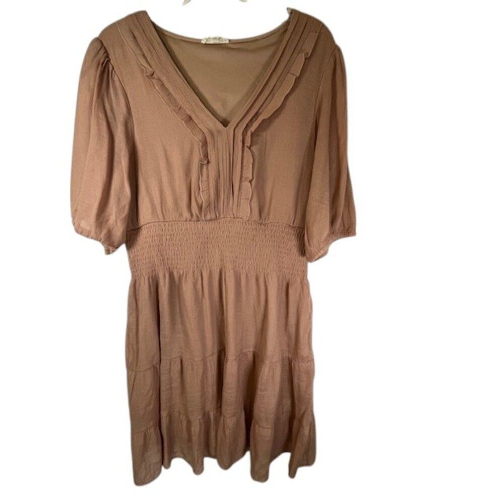 Kings Road Khaki Tan Tiered Dress with Smocking and Ruffled V Neck- Size L